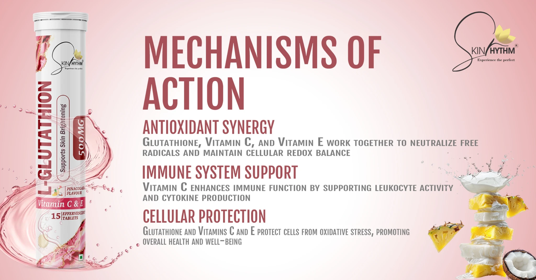 Glutathione tablet supplement packaging with Vitamin C & E, highlighting antioxidant synergy, immune system support, and cellular protection benefits; branded as SkinRhythm Glutone tablet.
