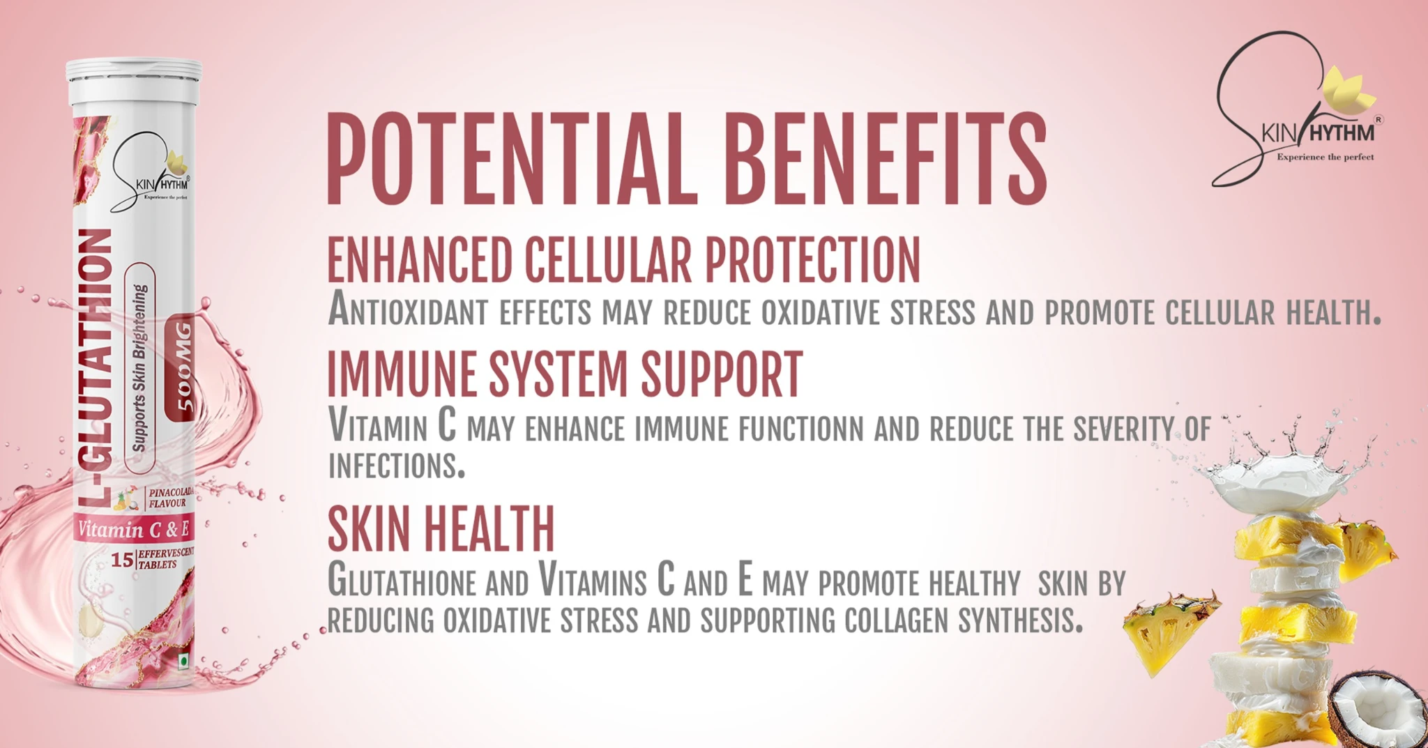 SkinRhythm Glutathione tablet packaging with listed benefits including enhanced cellular protection, immune system support, and improved skin health through antioxidants like Vitamin C and E; promoted as Glutone tablet.
