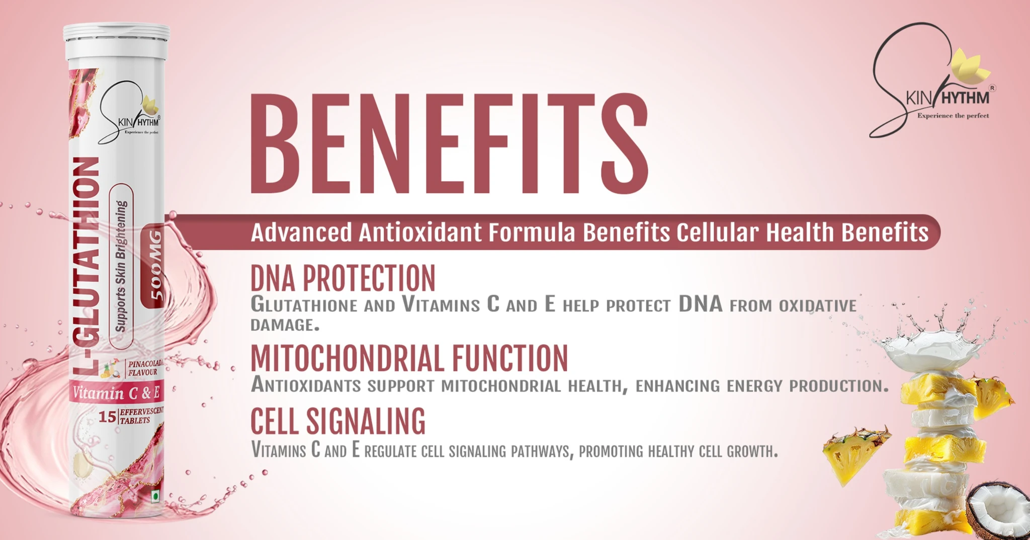 SkinRhythm Glutathione tablet highlighting benefits like DNA protection, enhanced mitochondrial function, and regulated cell signaling through antioxidants Vitamin C and E; promoted as Glutone tablet for advanced cellular support.