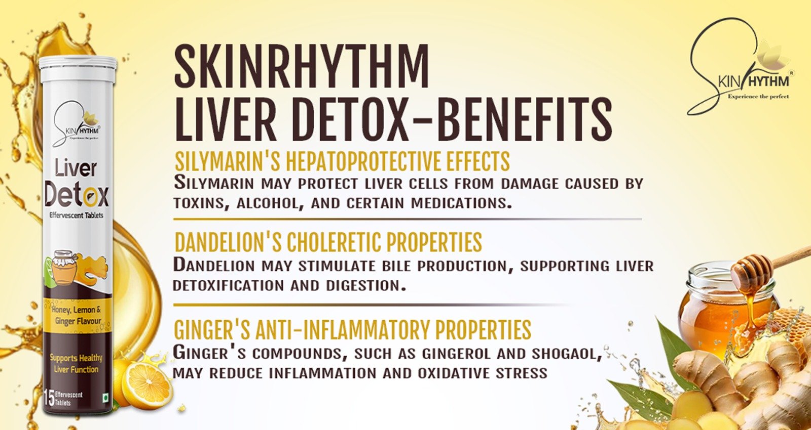 SkinRhythm liver detox supplement with milk thistle, ginger, and dandelion – best liver tablets in India for liver support and detox.