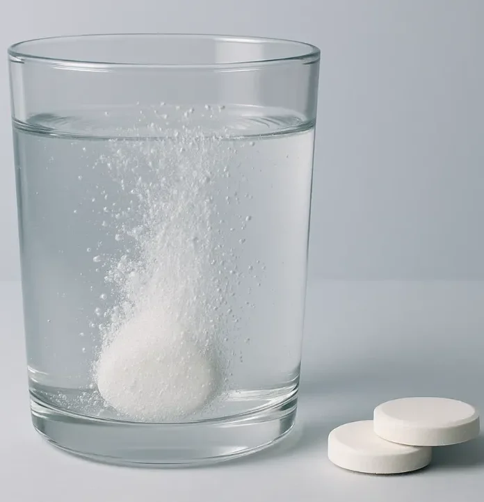 Effervescent tablet dissolving in a glass of water with two tablets beside it, illustrating the fast-acting nature and easy consumption benefits of effervescent tablets.