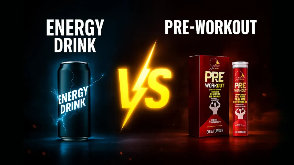 Comparison between a black energy drink can and a red pre-workout supplement box with a lightning bolt “VS” symbol in the center, highlighting the differences between Pre-workout vs energy drink comparison image showing a black energy drink can versus a red pre-workout supplement pack and tube, highlighting the difference between energy drinks and pre-workout supplements. for energy, focus, and fitness performance.