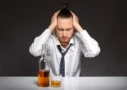 Young man in office attire holding his head in pain while sitting beside a bottle and glass of whiskey, depicting morning hangover symptoms after a party – ideal for articles on anti hangover solutions, morning recovery drinks, or after-party medicine in India.
